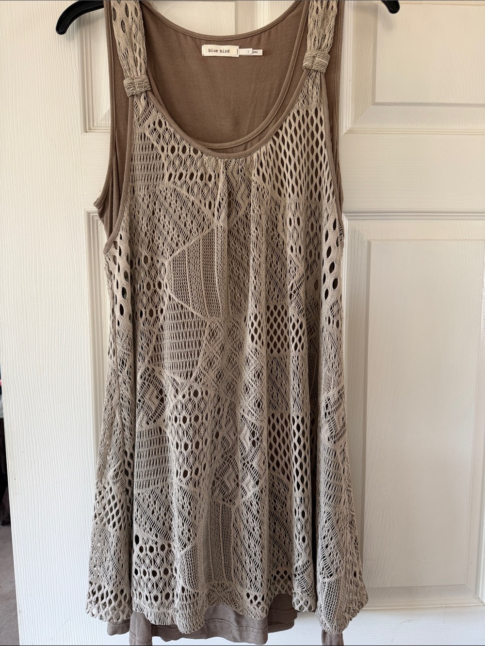 Blue Bird Taupe Crochet Overlay Tank Dress